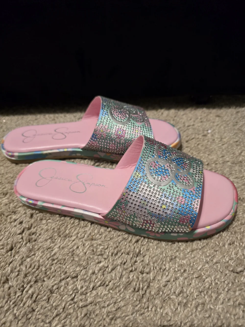 Jessica Simpson Pink Slide Sandals with Iridescent Rhinestone Straps